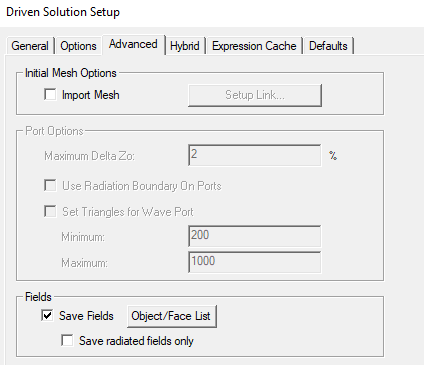 Driven Solution Setup dialog, Advanced tab.