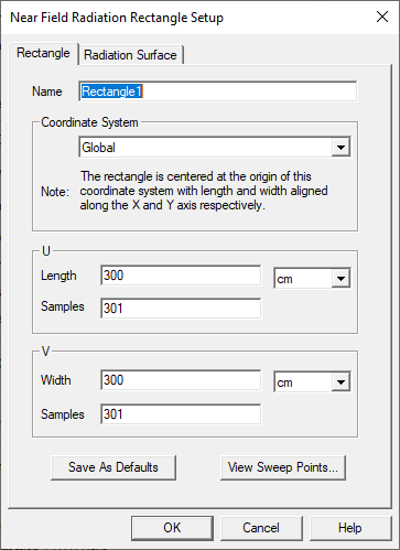 Near Field Radiation Rectangle Setup, Rectangle tab.