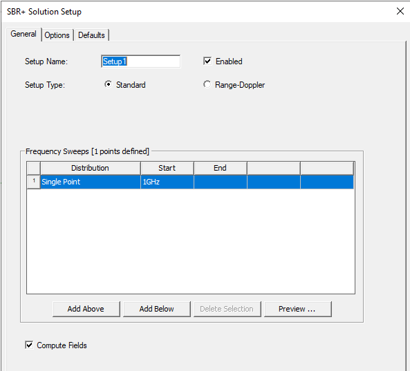 SBR+ SOlution Setup dialog, General Tab.