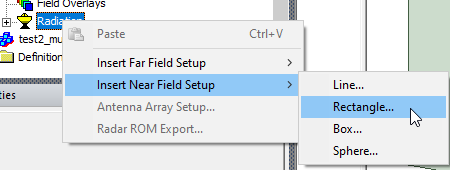 Radiation shortcut menu, Insert Near FIeld Setup option expanded, Rectangle option selected.