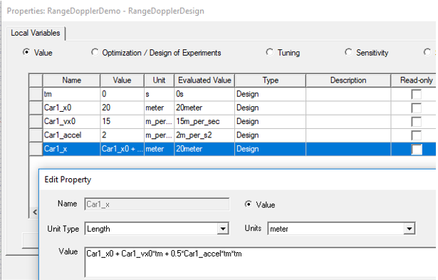 Properties dialog. Local variable tab. Car one variable highlighted.