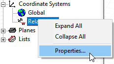 Coordinate Systems right-click menu. Properties option highlighted.