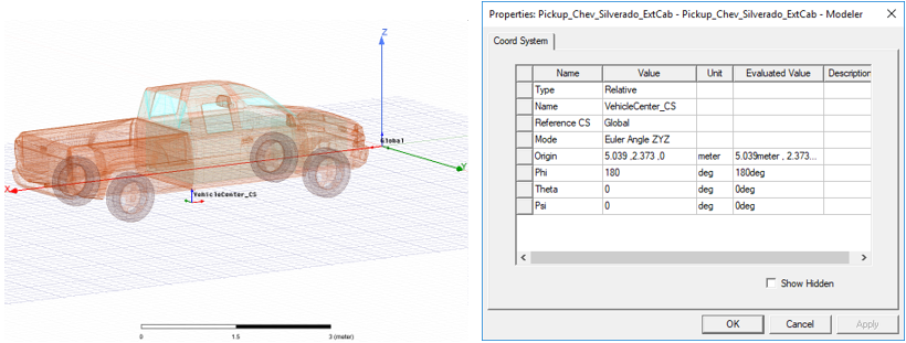 3D model of a Pickup Chevrolet Silverado. Properties dialog open.