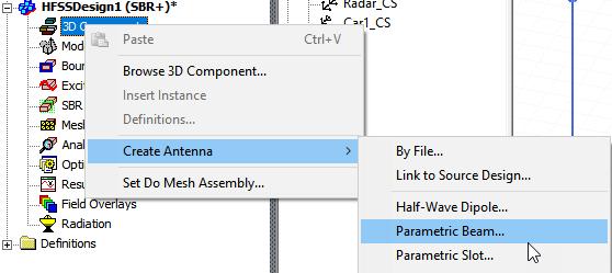 Project Tree, 3D component shortcut menu, Create Antenna option expanded, Parametric Beam option highlighted.