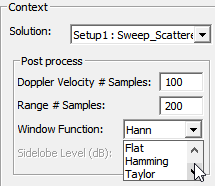 Report Dialog. Trace Tab. Post Process group box. WIndow function drop-down menu.