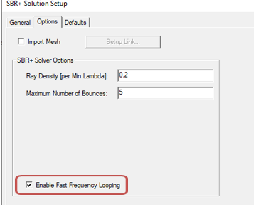 SBR+ Solution Setup dialog. Range-Doppler. Enable Fast Frequency Looping.