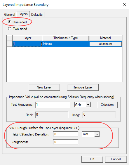 Layered Impedance Boundary. Layers tab. One sided selected. SBR+ Rough Surface for Top Layer