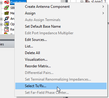 Excitation shortcut menu. Select Tx/Rx option highlighted