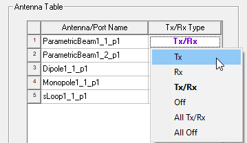 Antenna Table groupbax, Tx/Rx drop-down menu.