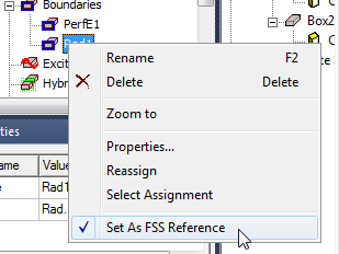 Radiation Boundary right-click menu, Set as FSS Reference option highlighted.