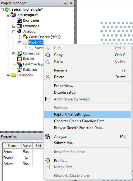Project Manager Window > Project Tree > Active Design Folder > Analysis > RaptorX1 > RaptorX Net Settings