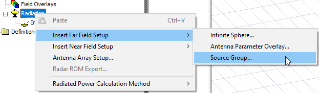 Radiation shortcut menu, Insert Far Field Setup option expanded, Source Group option highlighted.