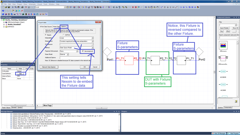 AEDT window showing N-port data dialog and device under testing diagram in the modeler window.