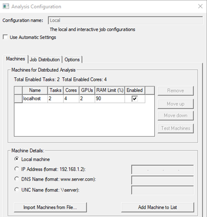 Analysis Configuration dialog. Machines tab, local host tasks set to 2.
