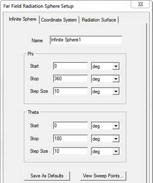 Far Fiel Radiation Sphere Setup dialog. Infinite Sphere tab. 