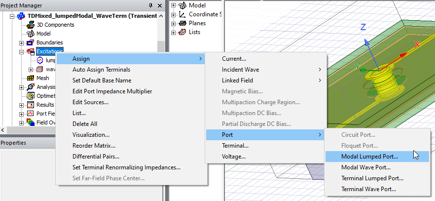 Project Tree, Excitations short-cut menu. Assign option expanded, Port option expanded, Modal Lumped Port option selected.