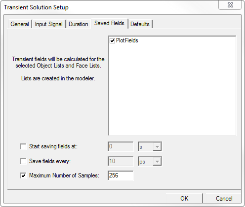 Transient Solution Setup dialog. Saved Fields tab.