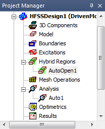 Project manager panel. Hybrid Regions branch open.