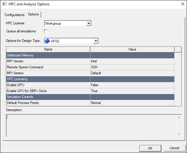 HPC Analysis Options window