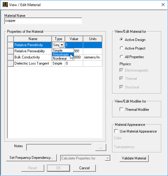 View/Edit Material - Anisotropic Selector