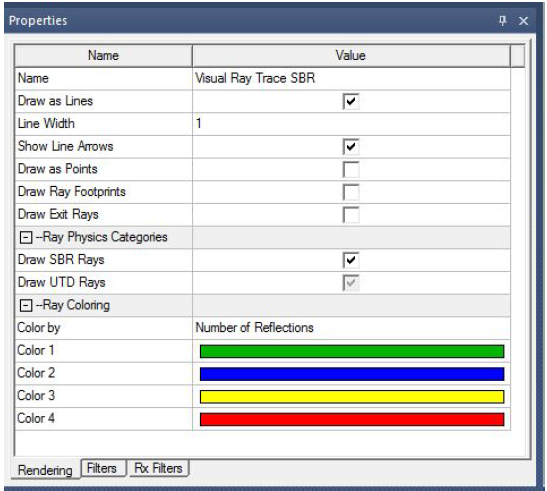 Properties Window, Ray Coloring grouping expanded.