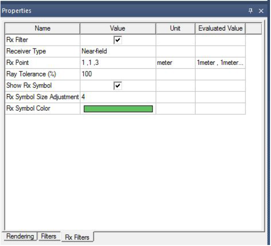 Properties Window, Rx Filters tab.