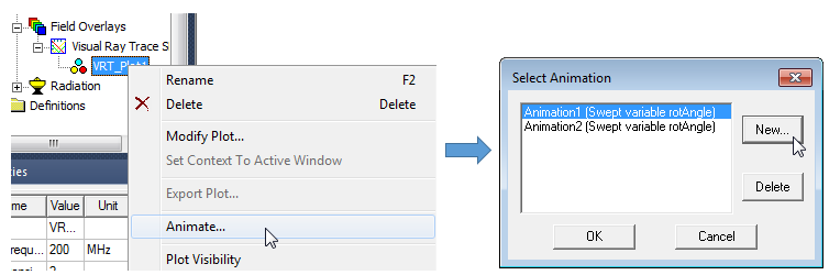 VRT Plot shortcut menu, Animate option highlighted. Select Animation dialog.