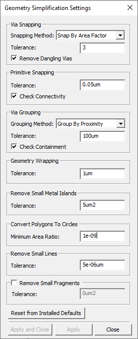 Geometry Simplification Settings Window