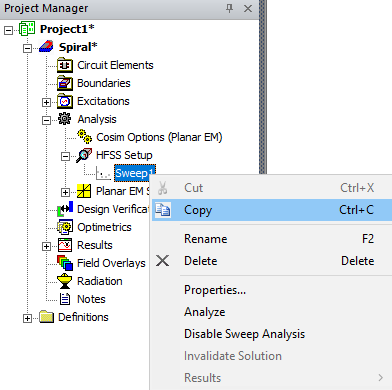 Analysis > Setup > Sweepn > Copy