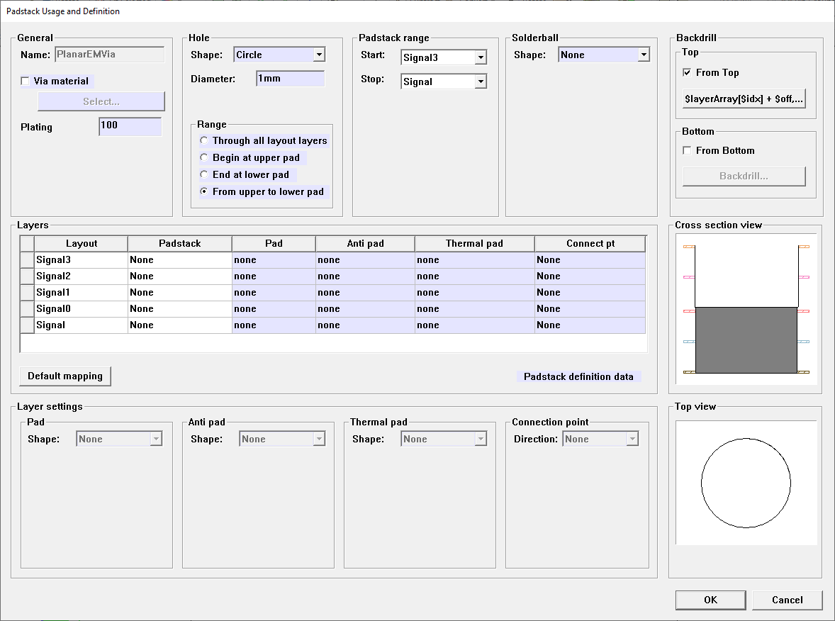 Backdrill Definition Window with Project Variables