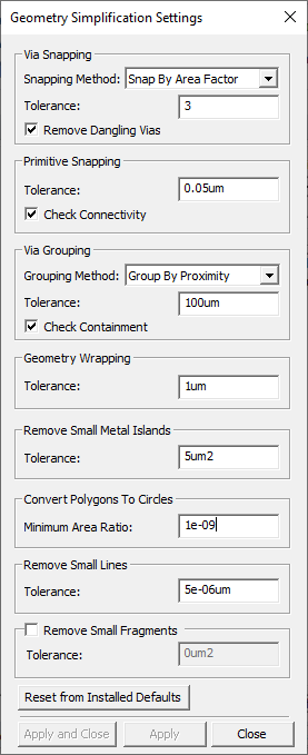 Geometry Simplification Settings Window