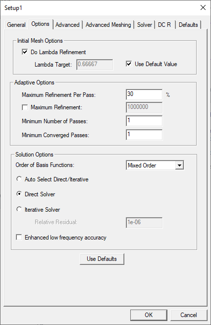 HFSS Setup Window > Options Tab
