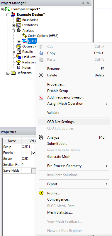 Project Manager Window > Project Tree > Active Design Folder > Analysis >Q3D1 > Q3D Net Sources