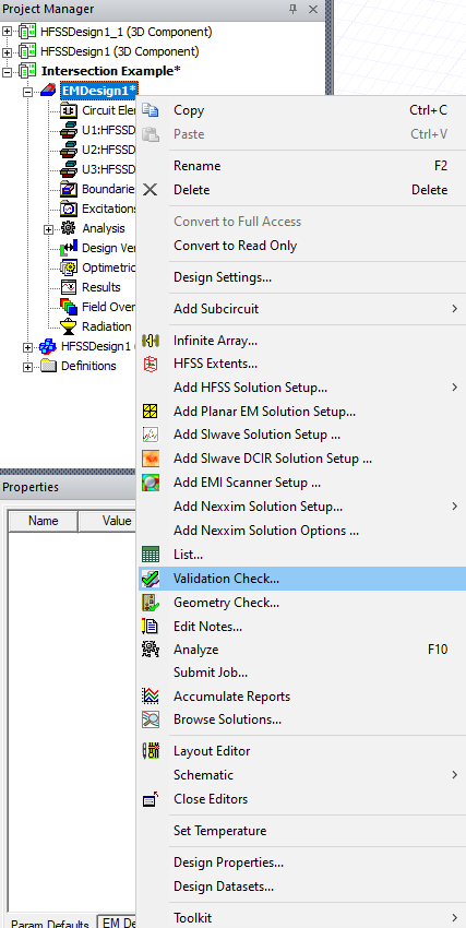 Project Manager Window > Project Tree > Active Design > Validation Check...