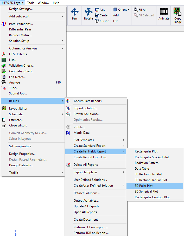 HFSS 3D Layout > Results > Create Far Fields Report > 3D Polar Plot