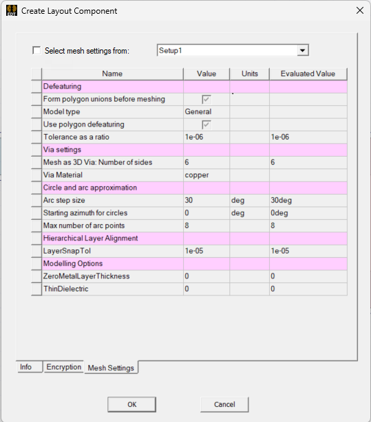 Create Layout Component Window > Mesh Settings Tab Create Layout Component Window > Mesh Settings Tab