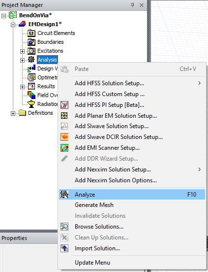 Project Manager > Project Tree > active design folder > Analysis > Analyze