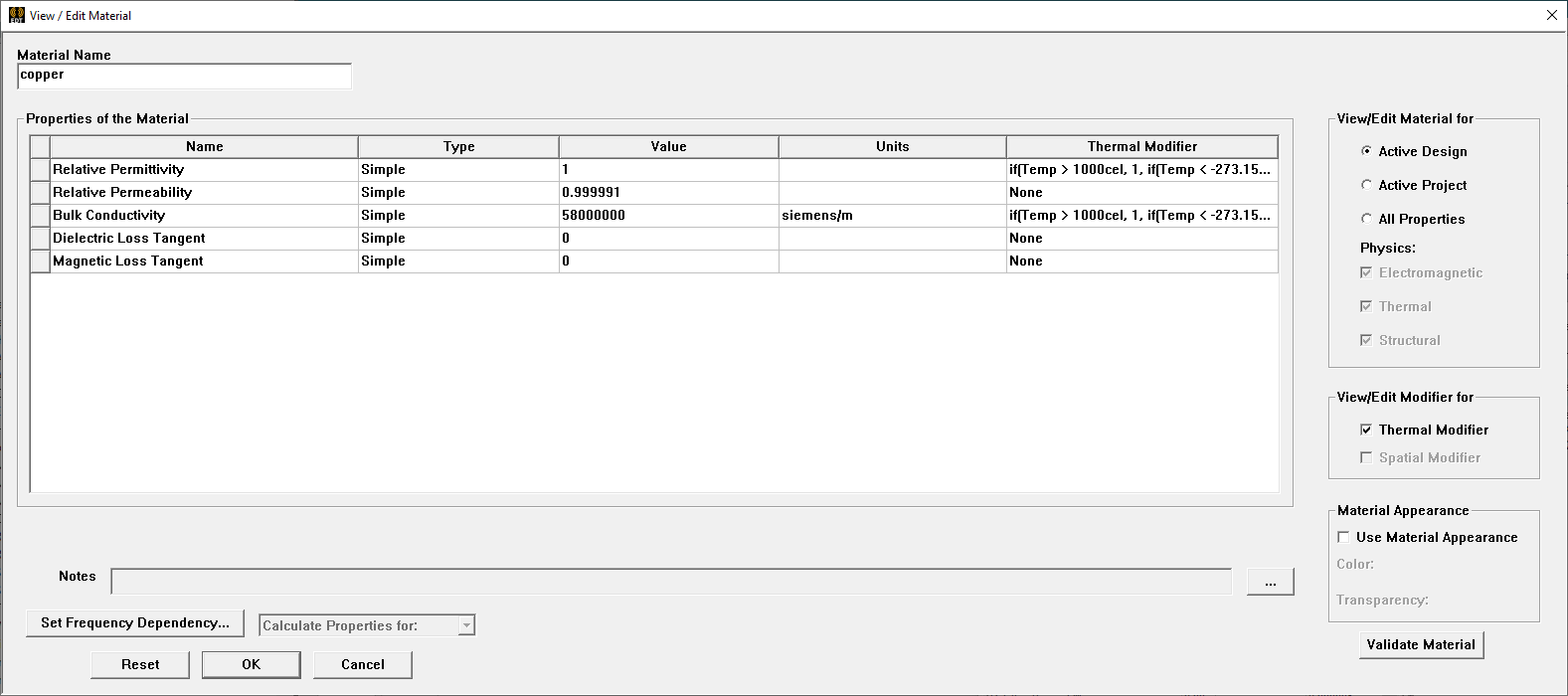 View/Edit Material Window