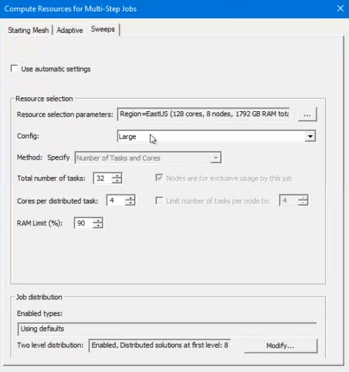 Compute Resources for Multi-Step Jobs, Resource Selection groupbox. Config set to Large.