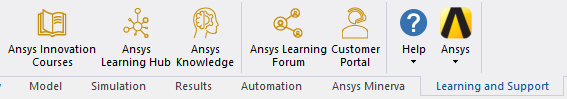 Application ribbon showingg the options for Learning and Support Tab, from left to right, Ansys Innovation Courses, Ansys Learning Hub, Ansys Knowledge, Ansys Learning Forum, Customer Portal, Hep, and Ansys.