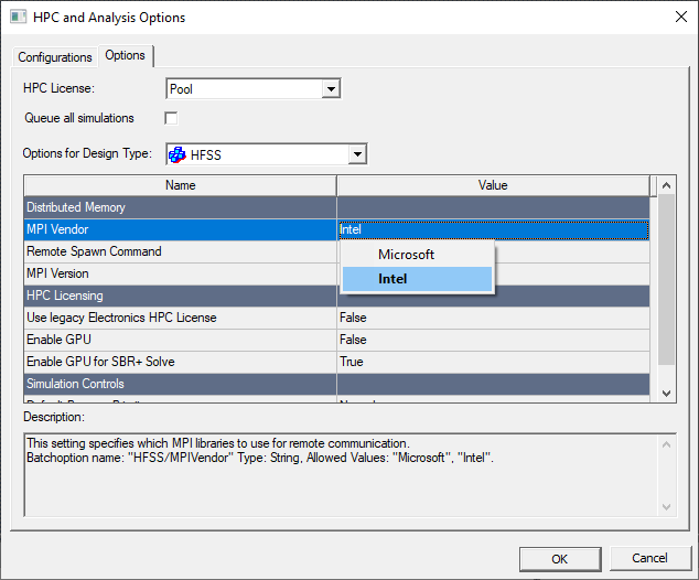 HPC and Analysis Options dialog. MPI Vendor option set to Intel.
