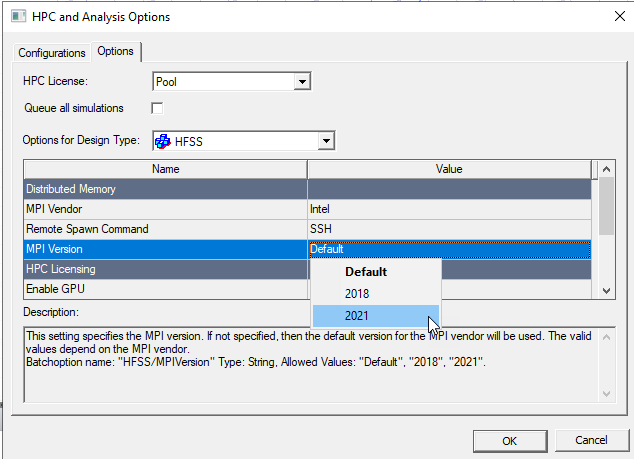 HPC and Analysis Options dialog. Option tab. MPI Version set to 2021.