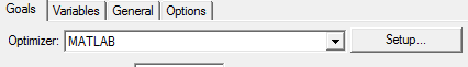 Goals tab, Optimizer set to MATLAB.