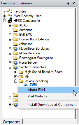Vendor 3D Component's right-click menu. About BXH option highlighted.