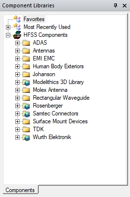 Component Libraries panel. Vendor folders marked with globe icons.