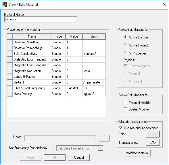 View/Edit Material window. Properties of the Material group box. 