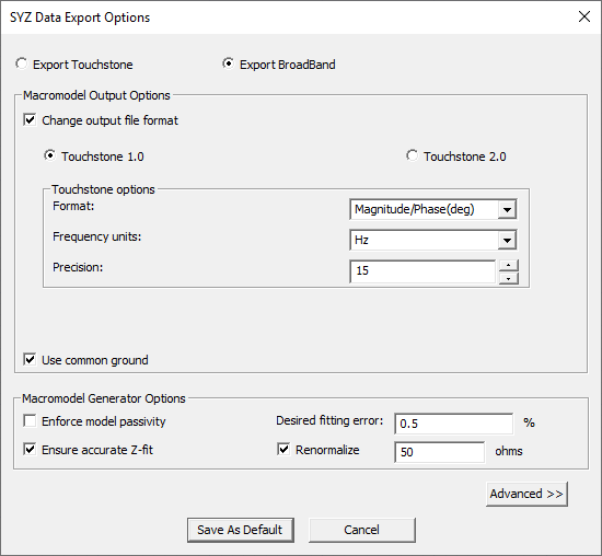 SYZ Data Export Options dialog, Export Broadband option selected.