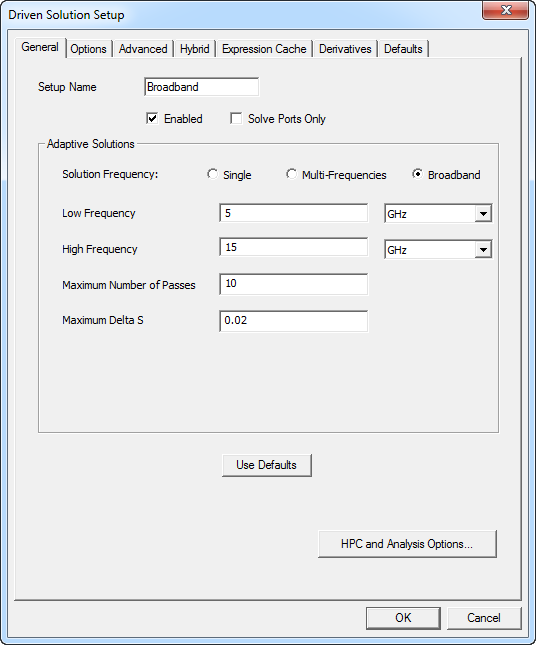Driven Solution Setup dialog, General tab.