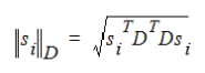 Equation for distance measure incorporating stretching of design space. 