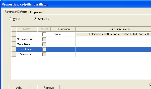 Properties window, Parameter Defaults tab.